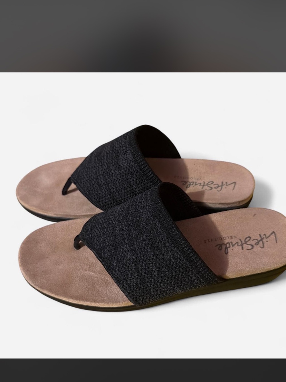 Life Stride Women’s Black Knit Toe-Post Slide Sandals with Brown Footbed